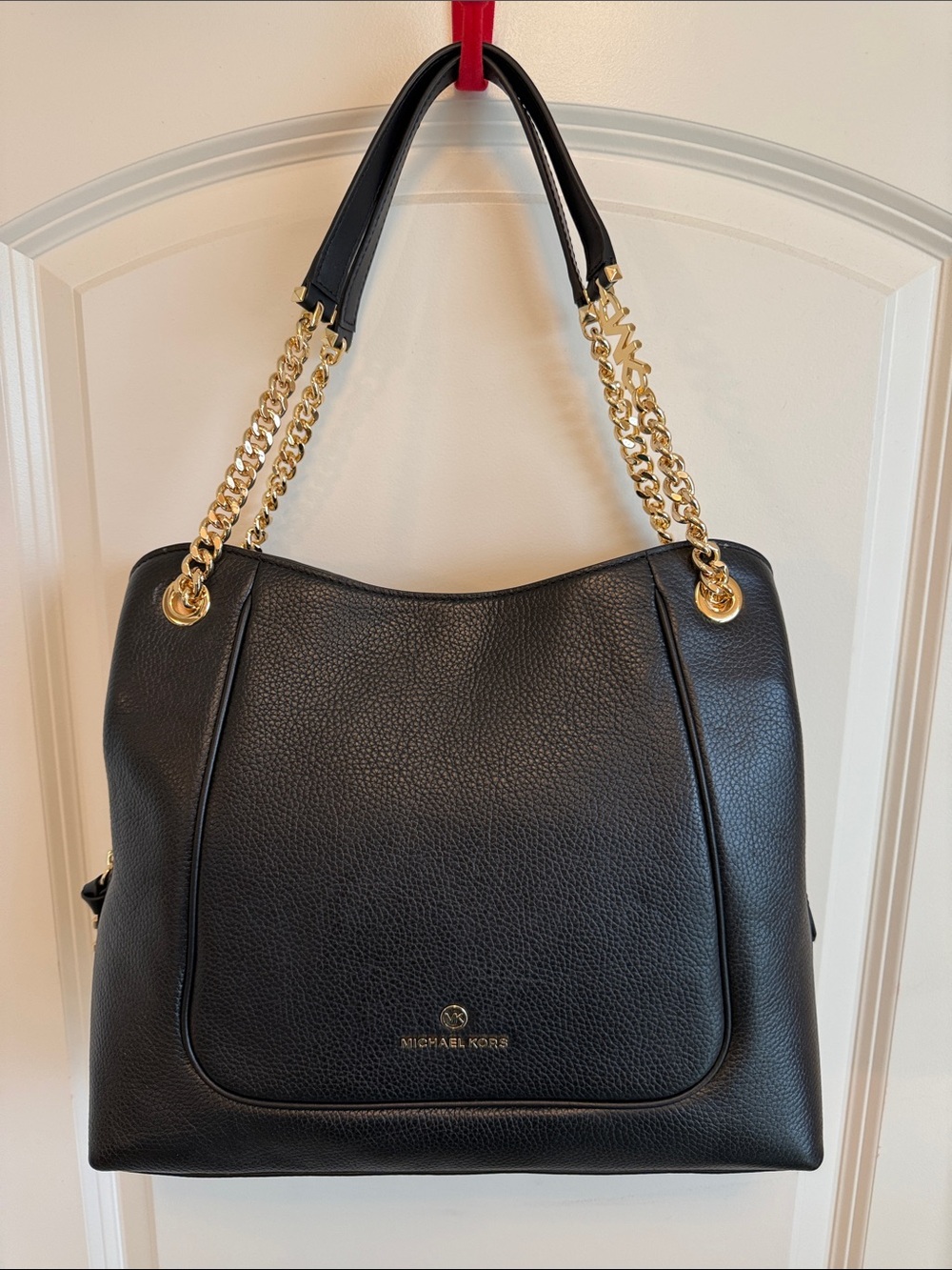 Michael Kors Black Leather Piper Large Chain Shoulder Tote
